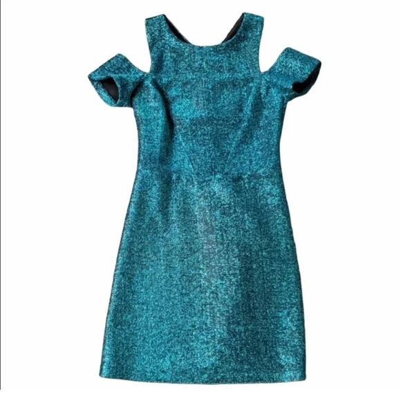 TopShop Teal Metallic Tinsel Cold Shoulder Mini Dress 2 Shiny Formal Short - Picture 3 of 7